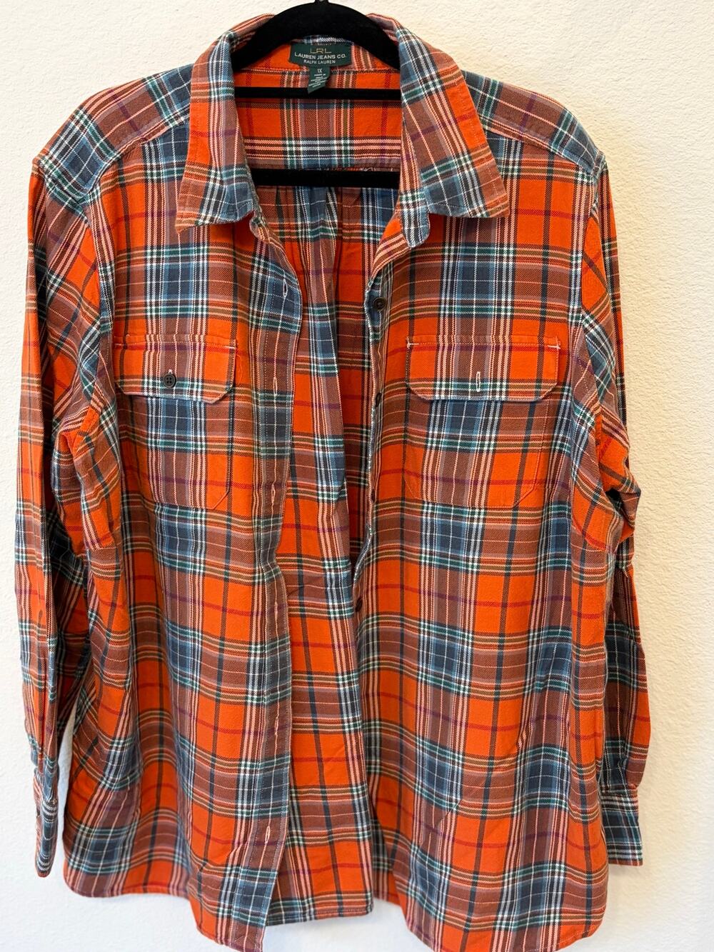 LRL Ralph Lauren Womens 1X Orange Plaid Flannel Shirt 100% Cotton Button Up